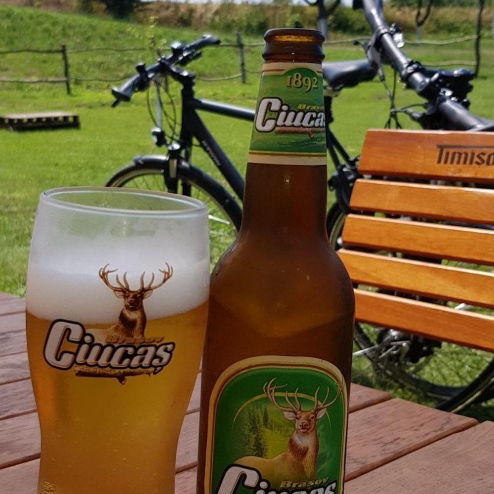Bere rece pe terasă, cu bicicletele parcate pe iarbă